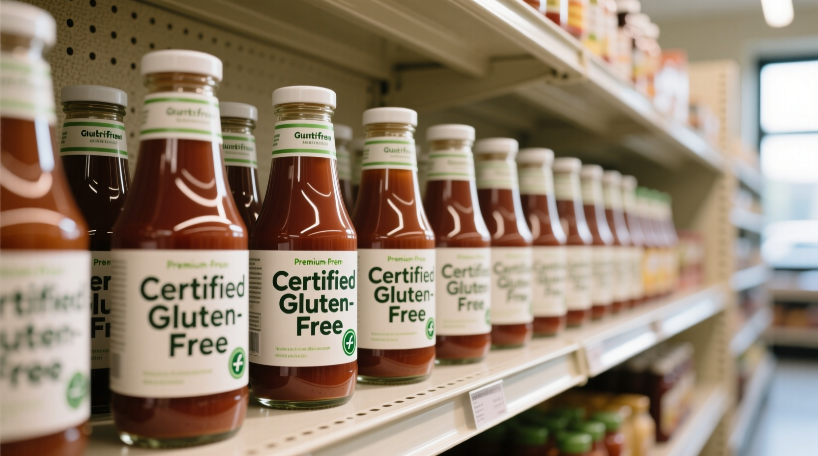 Bottles of certified gluten-free ketchup on grocery shelf
