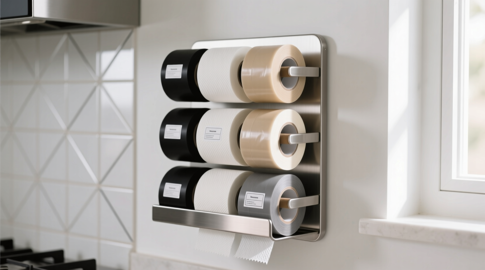 organize rolls of tape with a paper towel holder