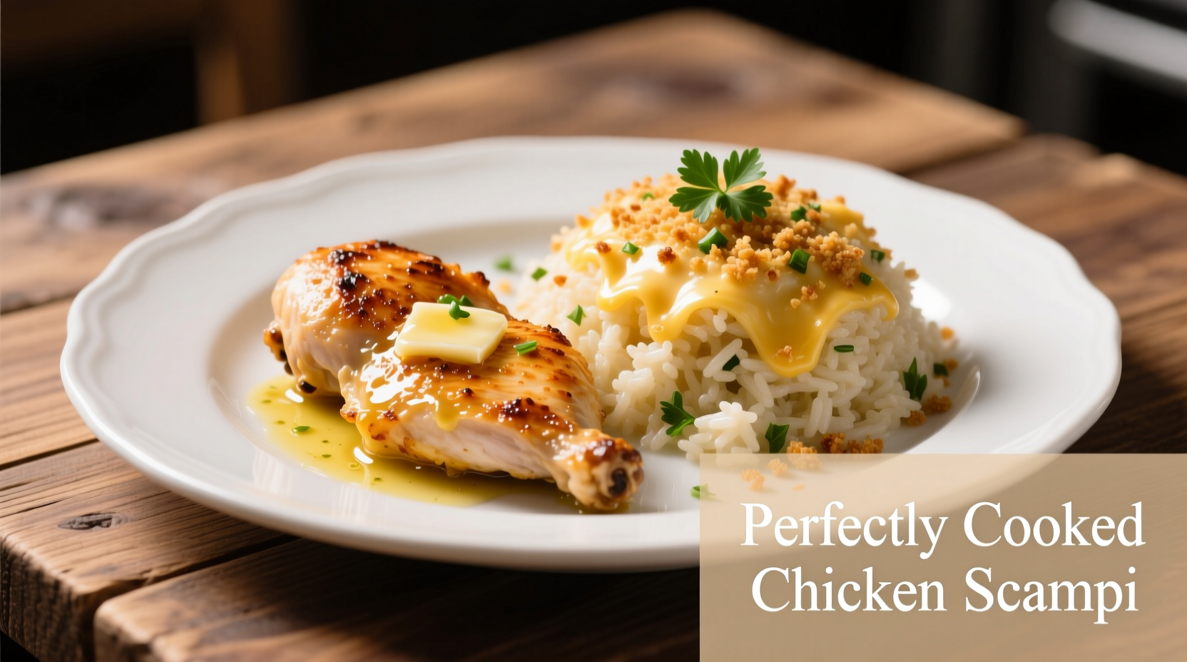 Perfectly cooked chicken scampi with garlic parmesan rice