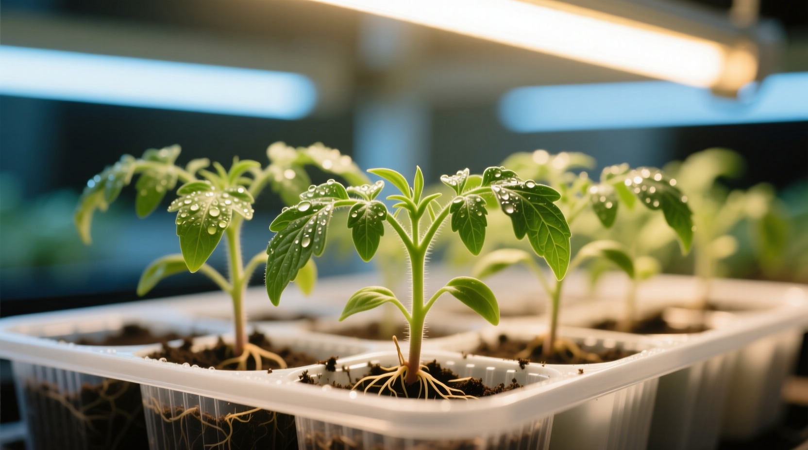 Tomato seedlings growing under grow lights