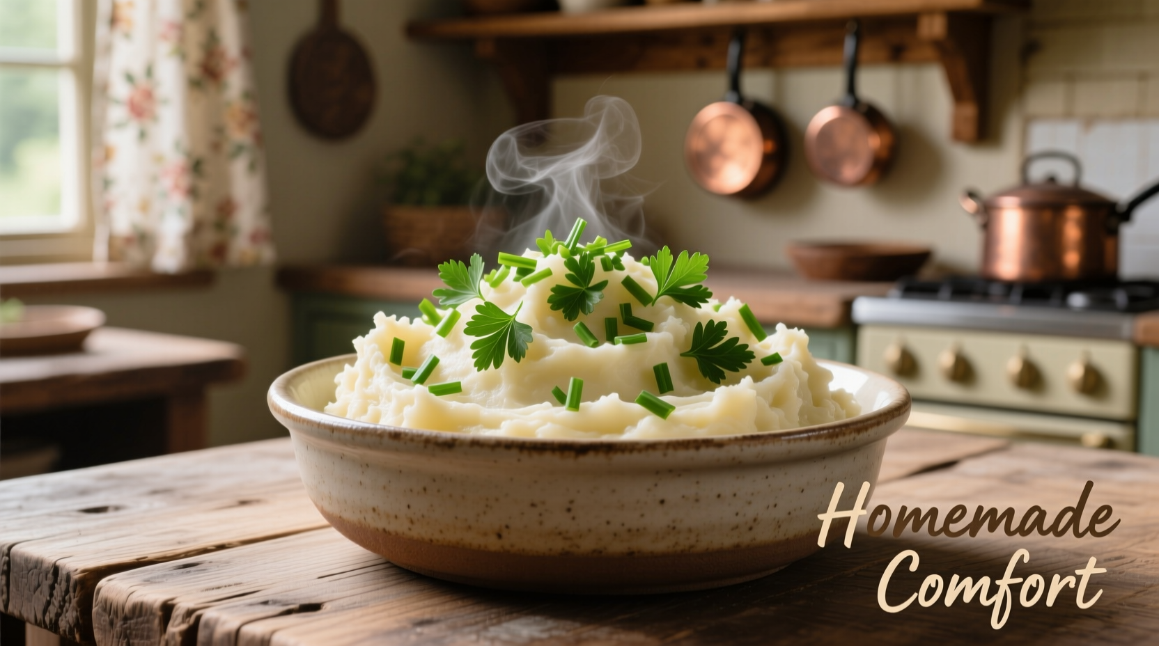 Creamy mashed potatoes in serving bowl with fresh herbs