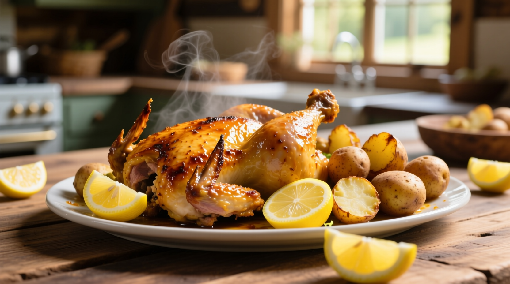 Golden roasted chicken thighs with lemon and potatoes