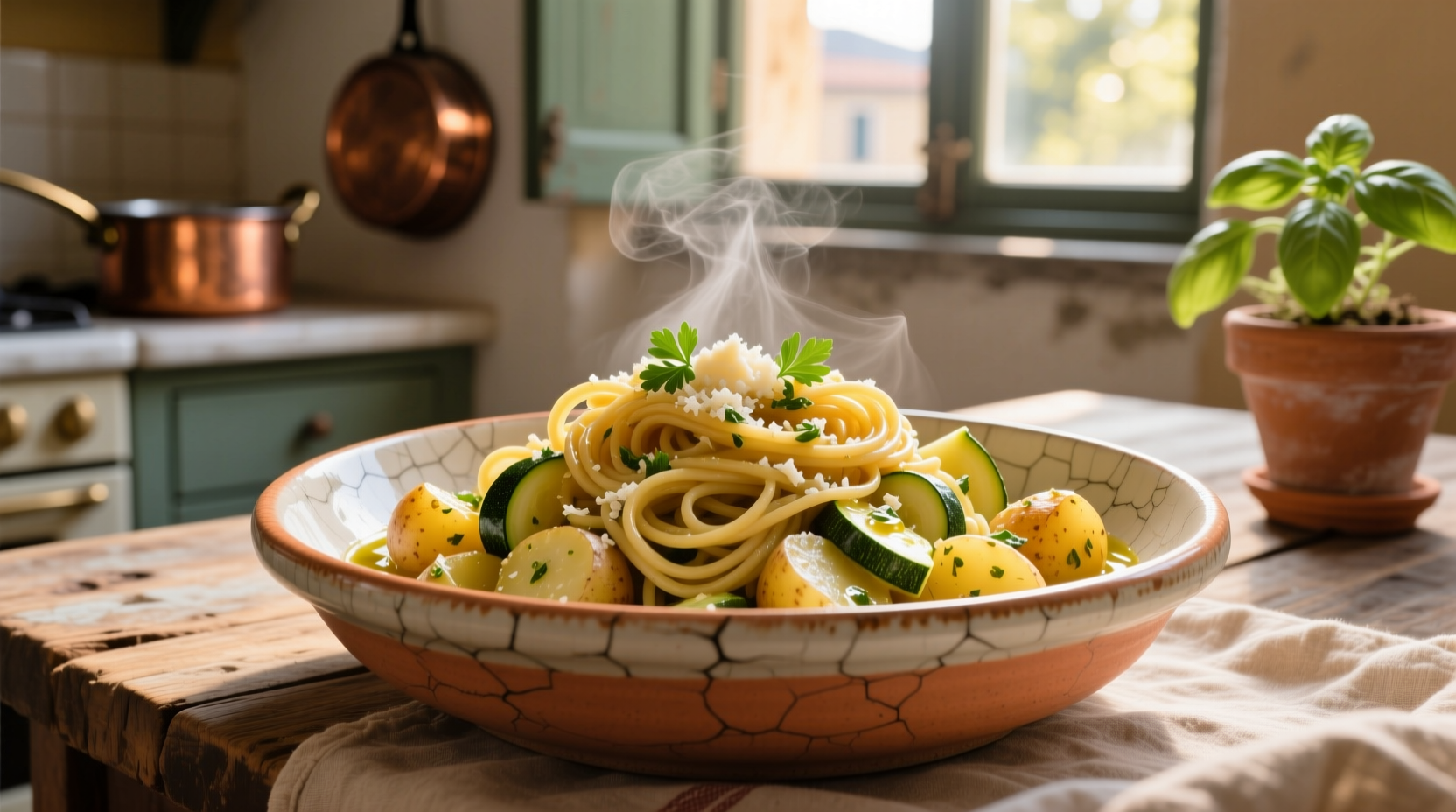 Neapolitan pasta con patate in a traditional ceramic bowl