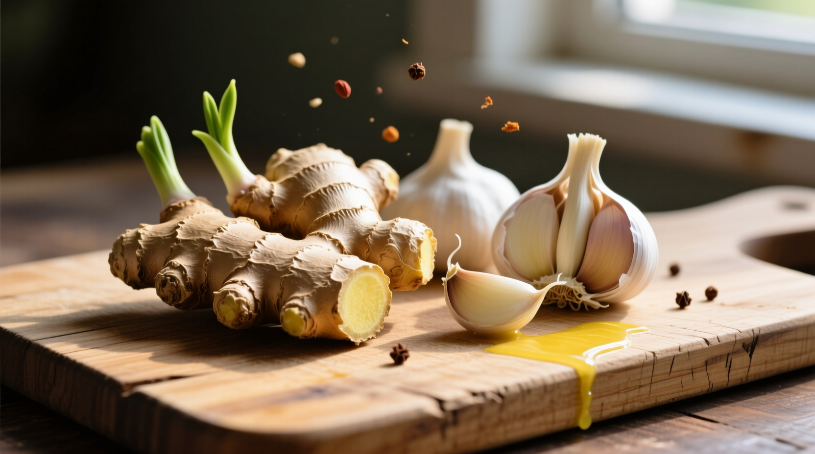 Fresh ginger and garlic cloves on wooden cutting board
