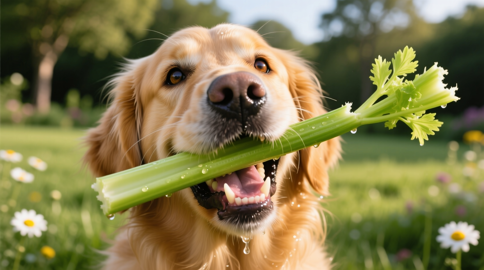 Golden Retriever happily chewing on celery stick