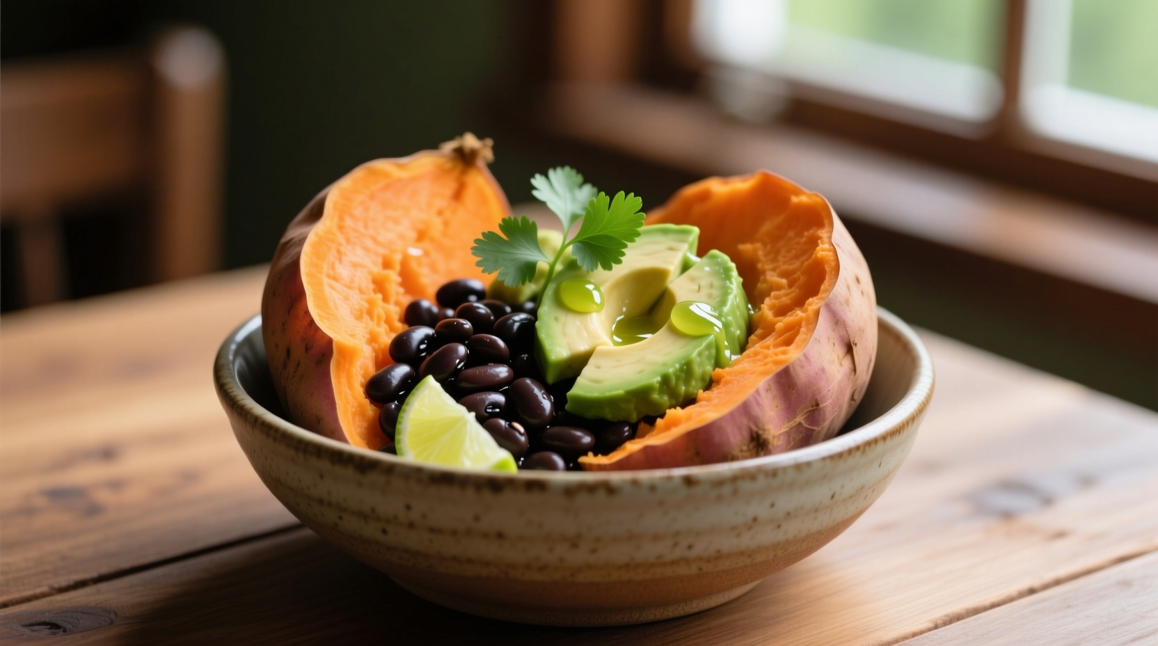 Perfectly loaded sweet potato with black beans and avocado