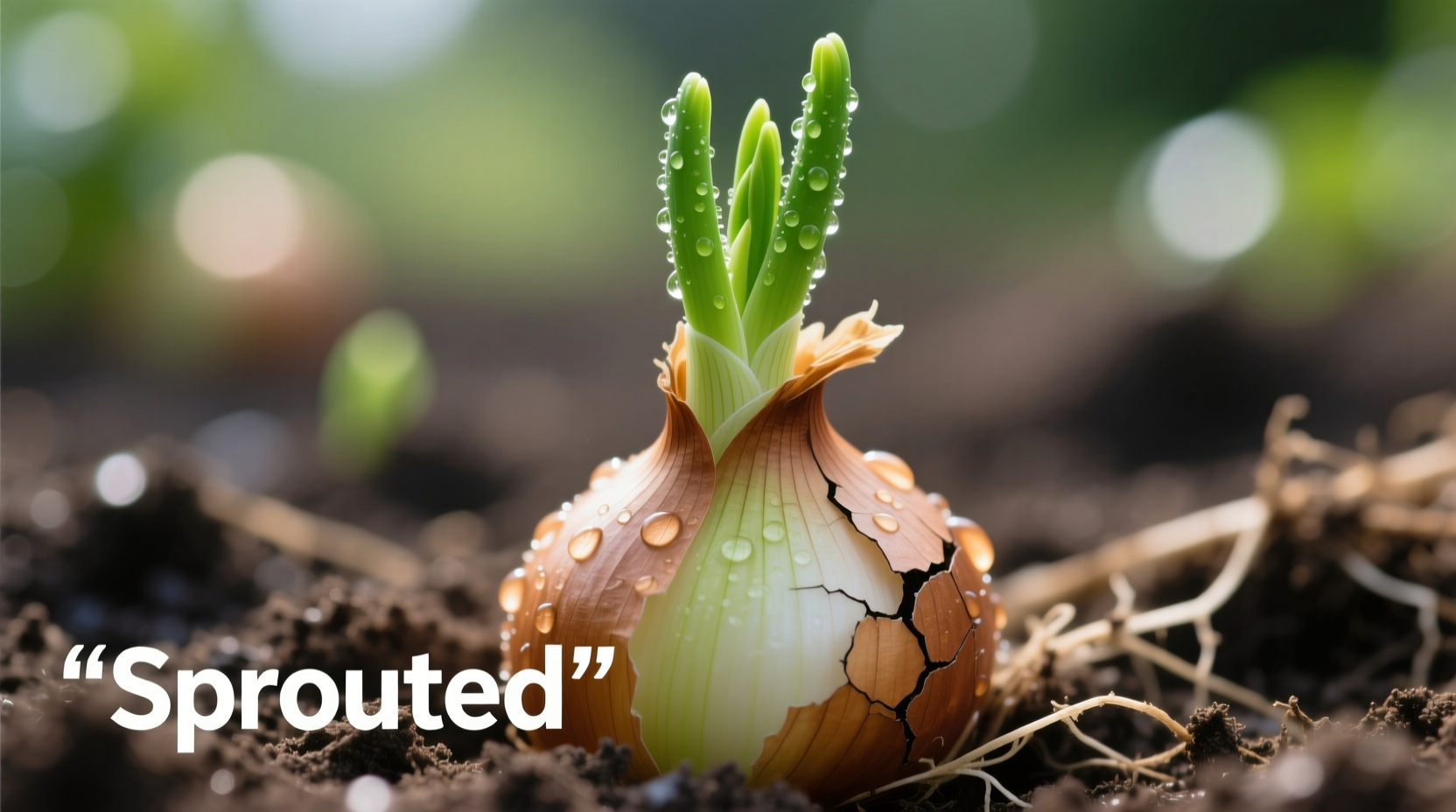 Close-up of sprouted onion with green shoots