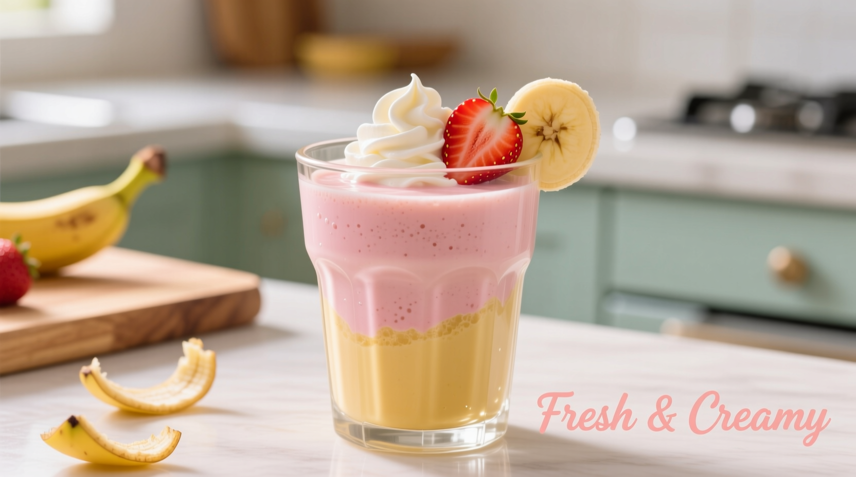 Creamy strawberry banana smoothie in glass
