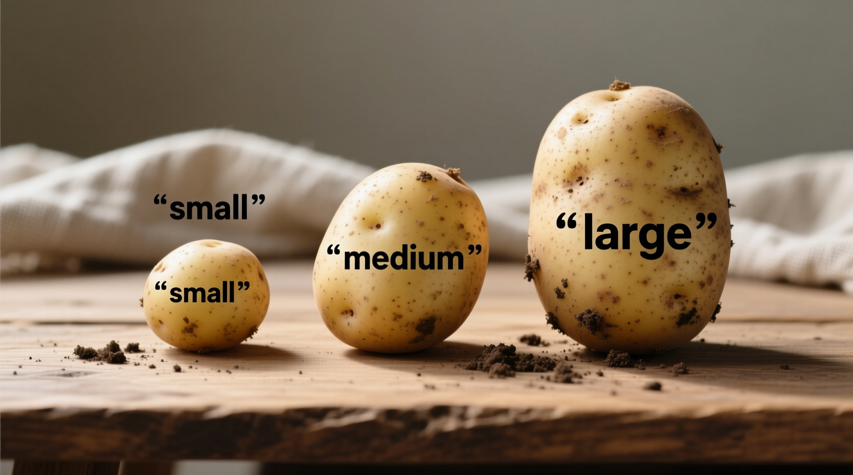Potato size comparison chart showing small medium and large specimens