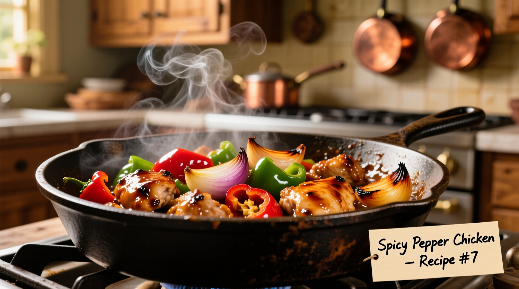 Sizzling pepper chicken with onion in cast iron skillet