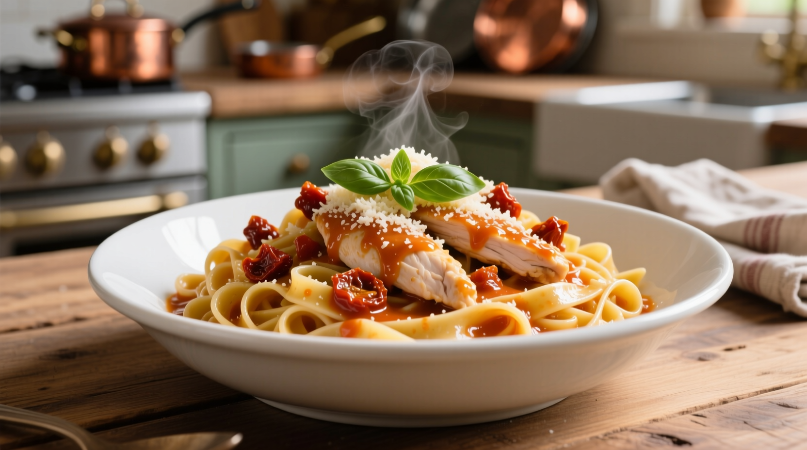 Creamy sundried tomato chicken pasta in white bowl