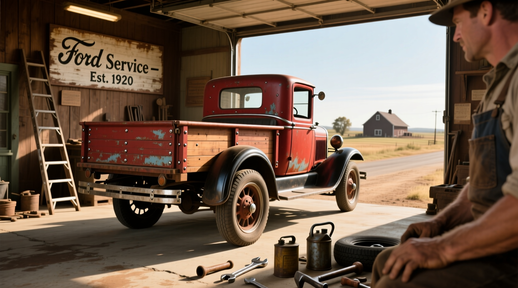 Side view of a 1925 Ford Model T pickup parked on gravel driveway