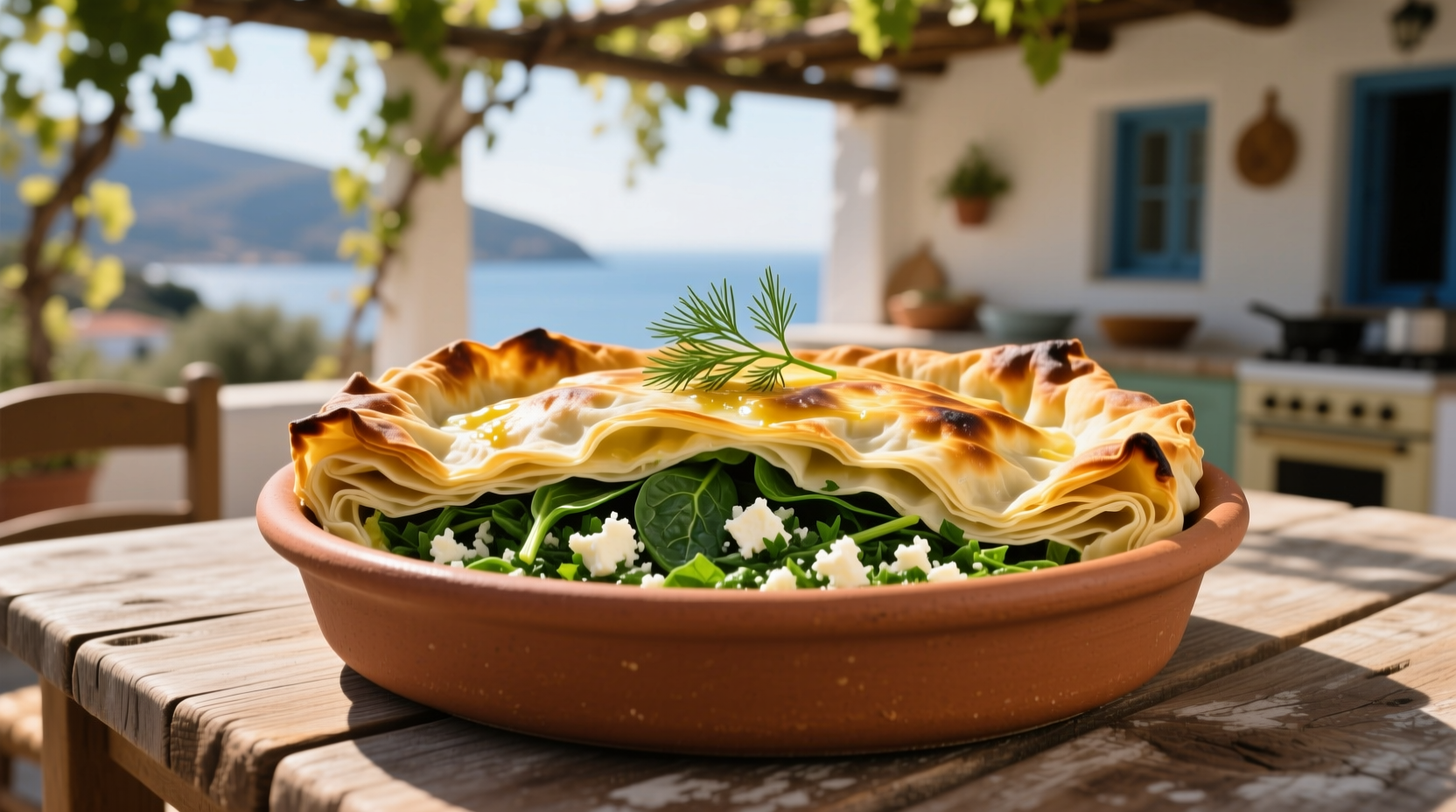Traditional Greek spanakopita with golden phyllo layers