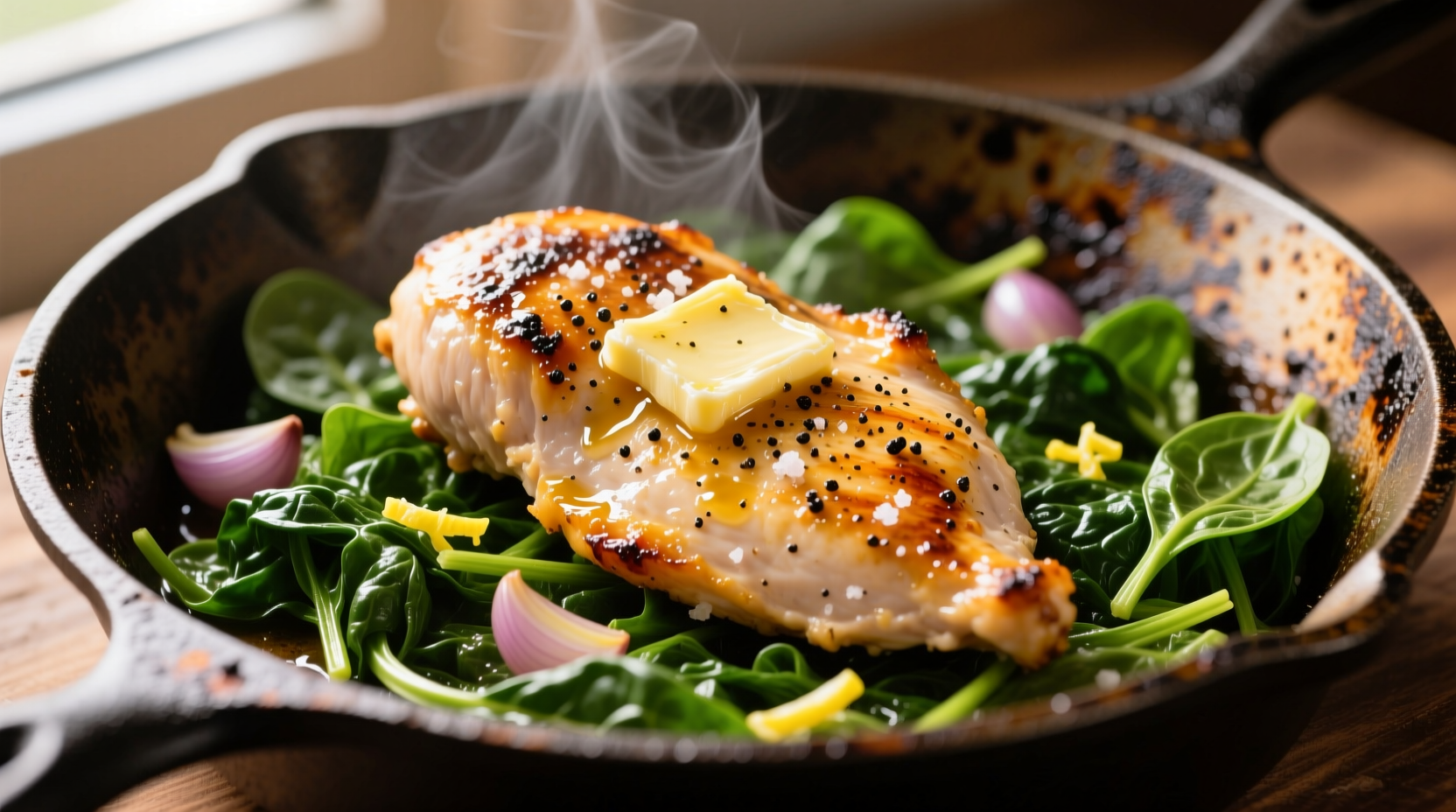 Golden seared chicken with fresh spinach in cast-iron skillet