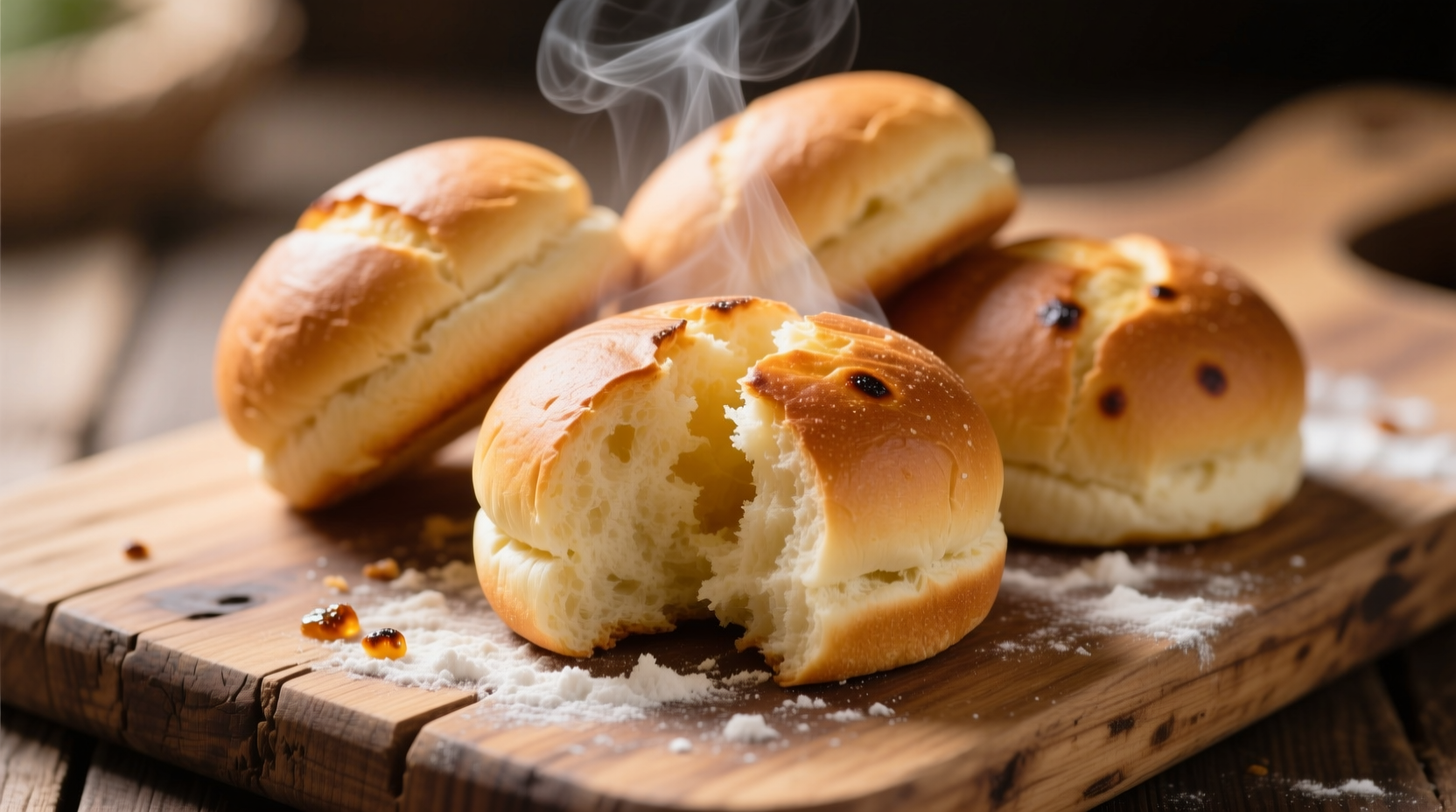 Freshly baked potato burger buns on a wooden board