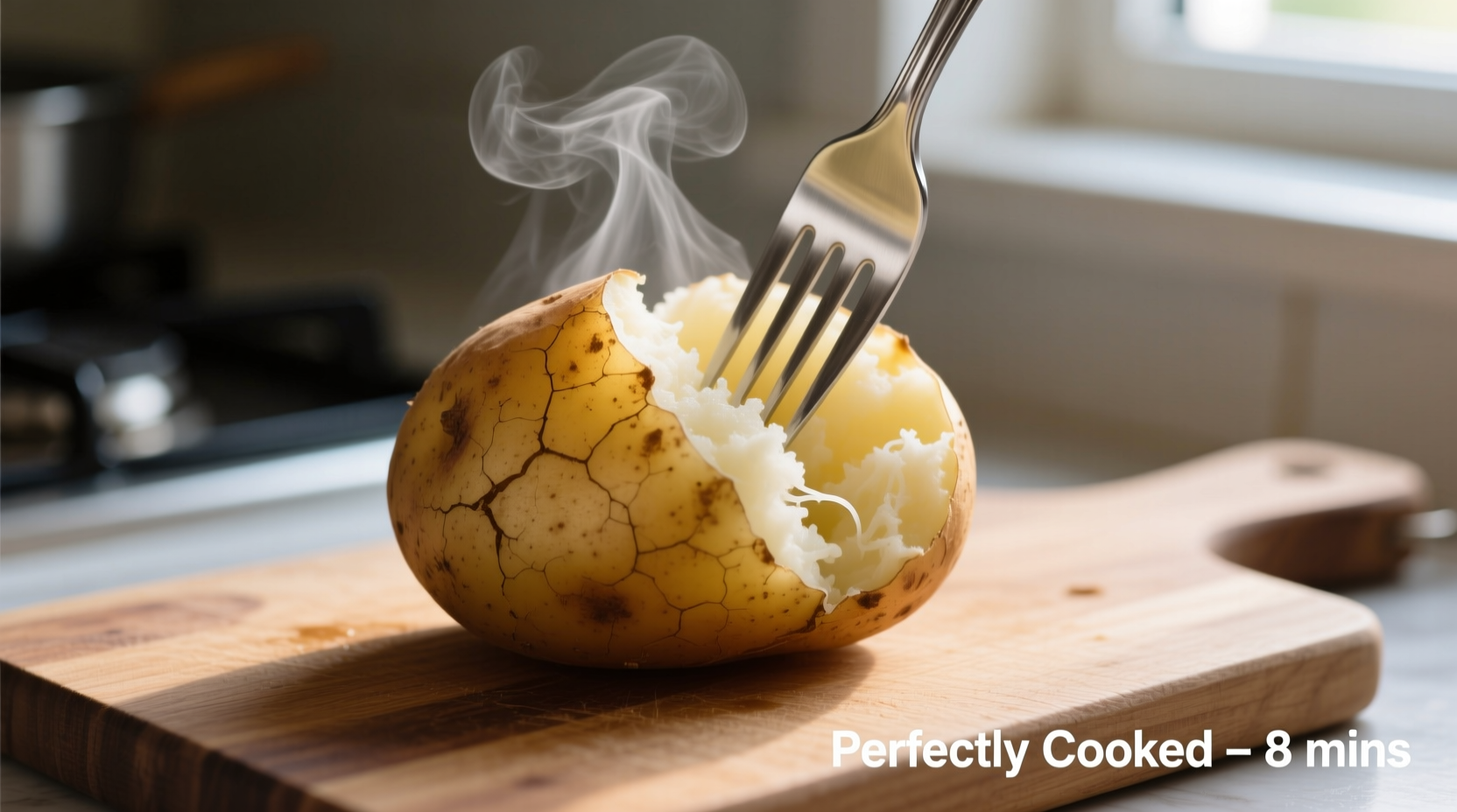Perfectly cooked microwaved potato with fork test