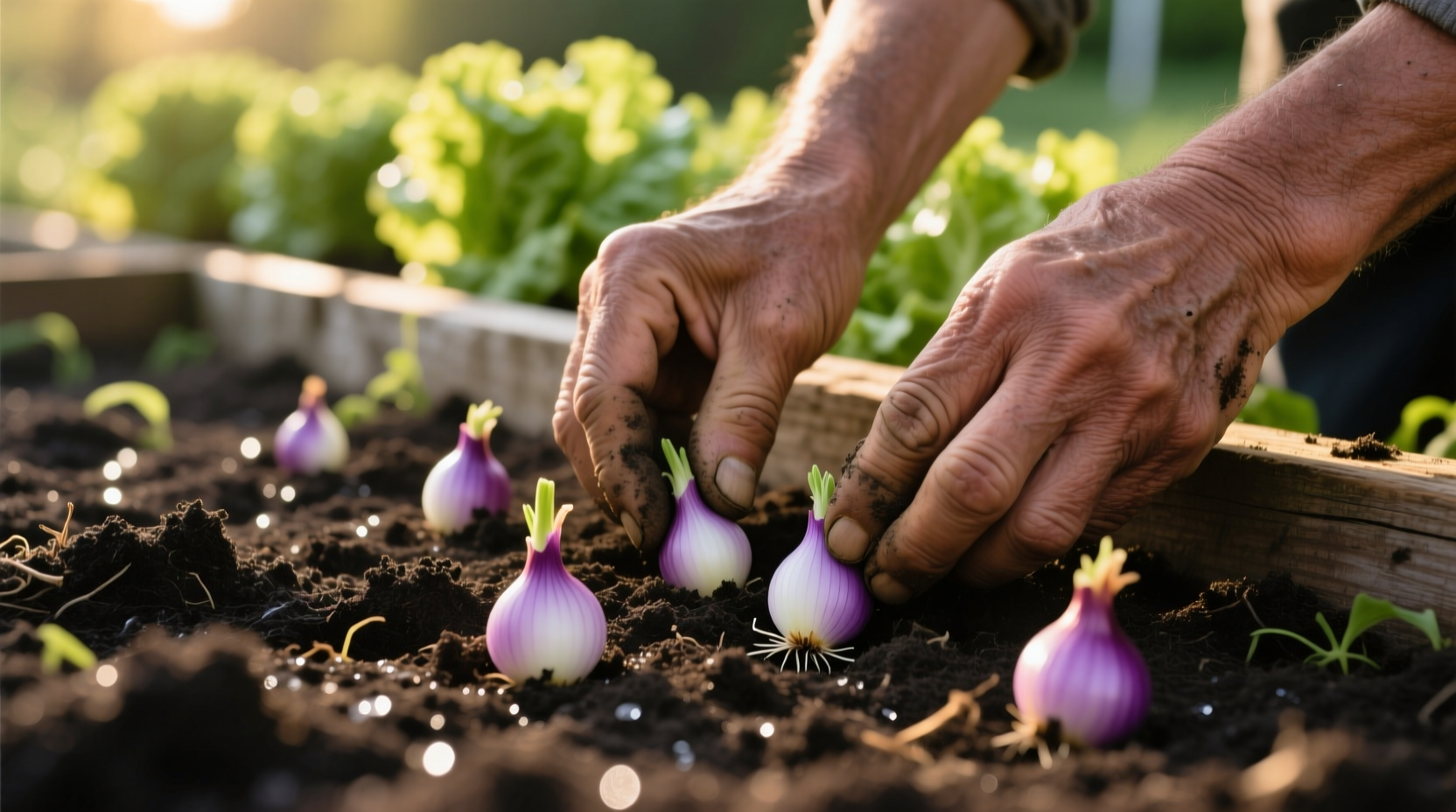 Hand planting onion sets in garden soil