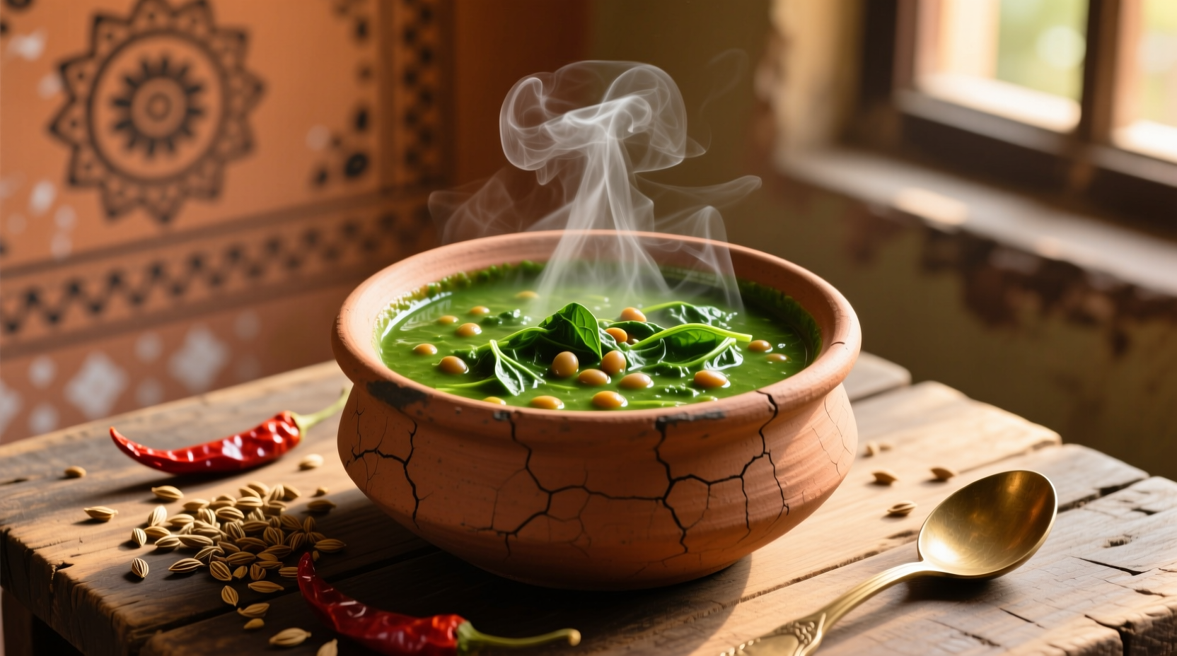 Fresh spinach dal in traditional clay pot