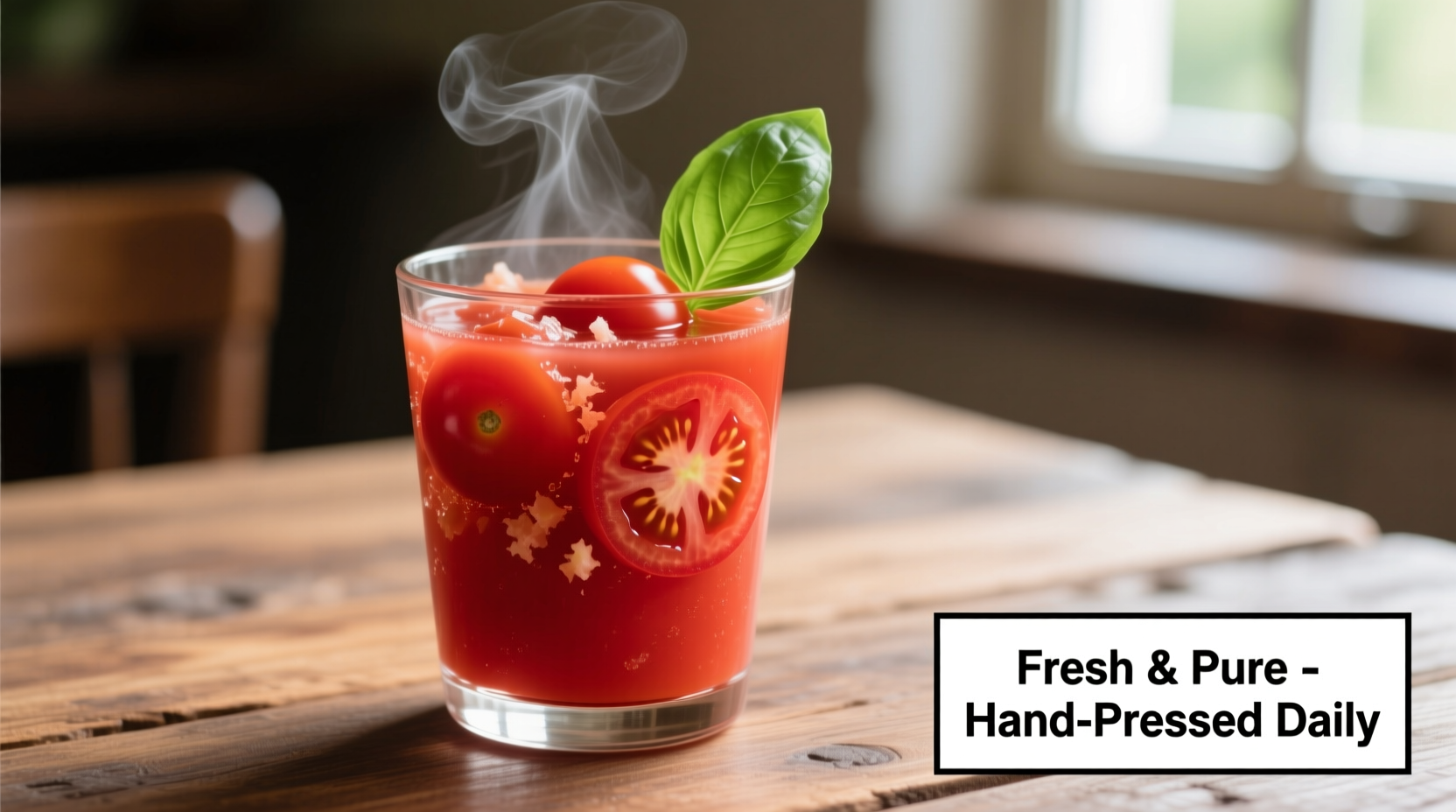 Fresh tomato juice with ripe Roma tomatoes and basil garnish