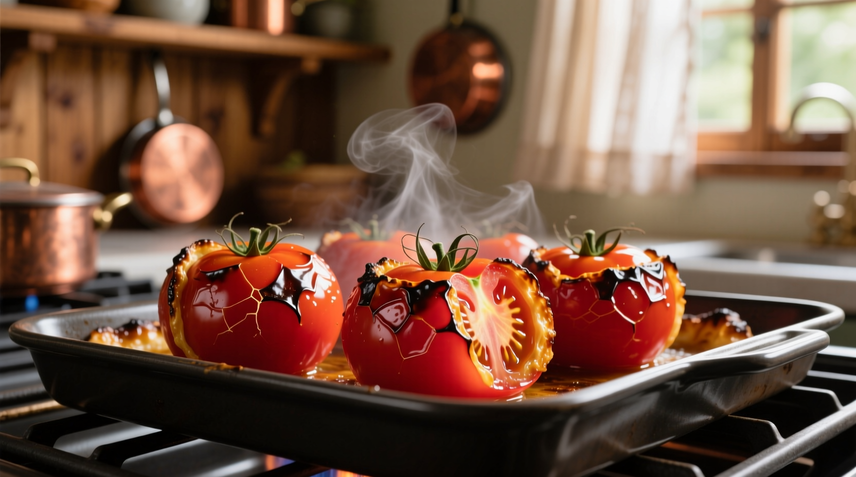 Tomatoes roasting in oven with caramelized edges