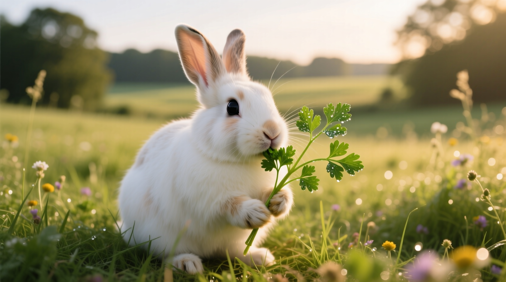 Rabbit safely eating fresh parsley sprig