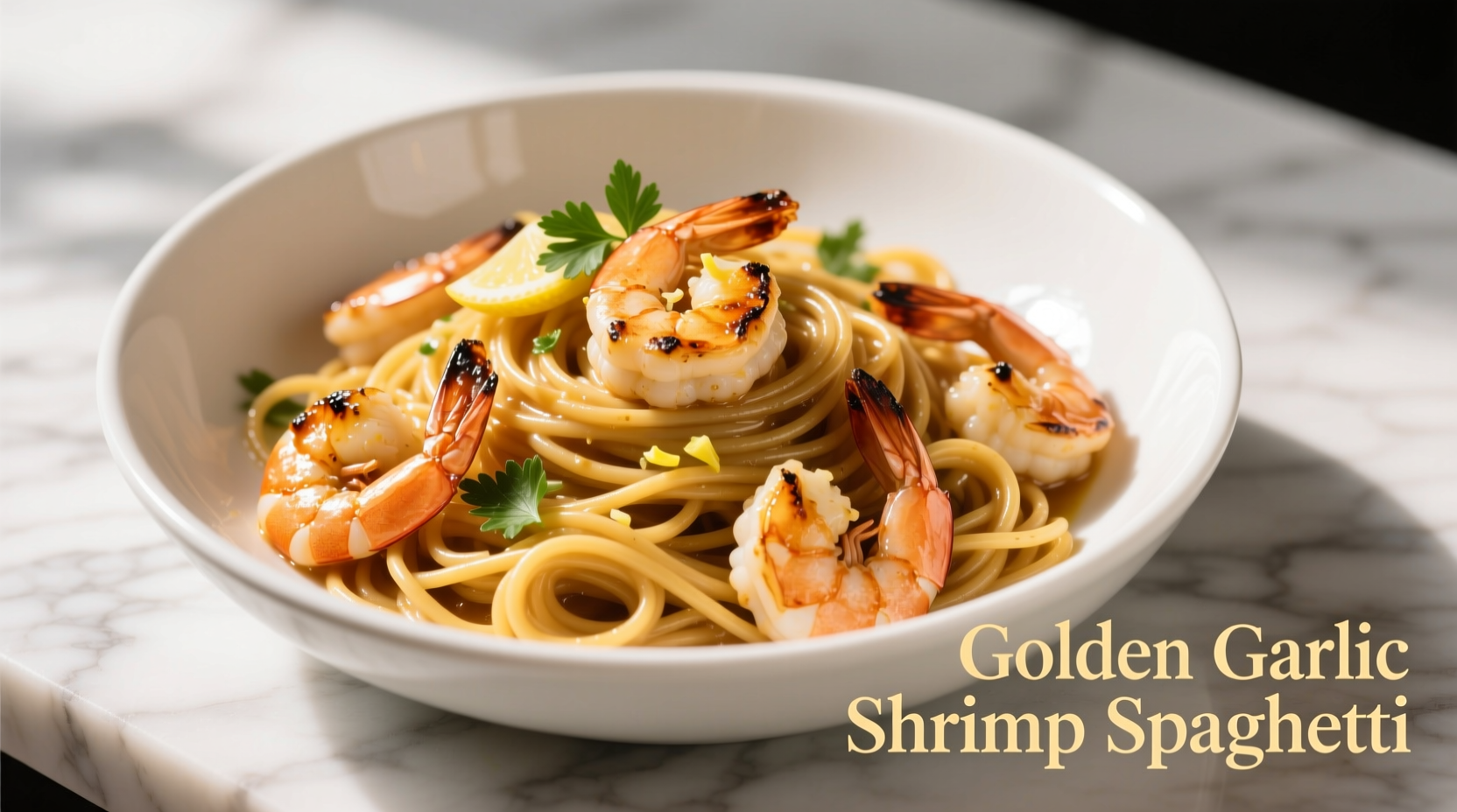 Golden garlic shrimp spaghetti in white bowl