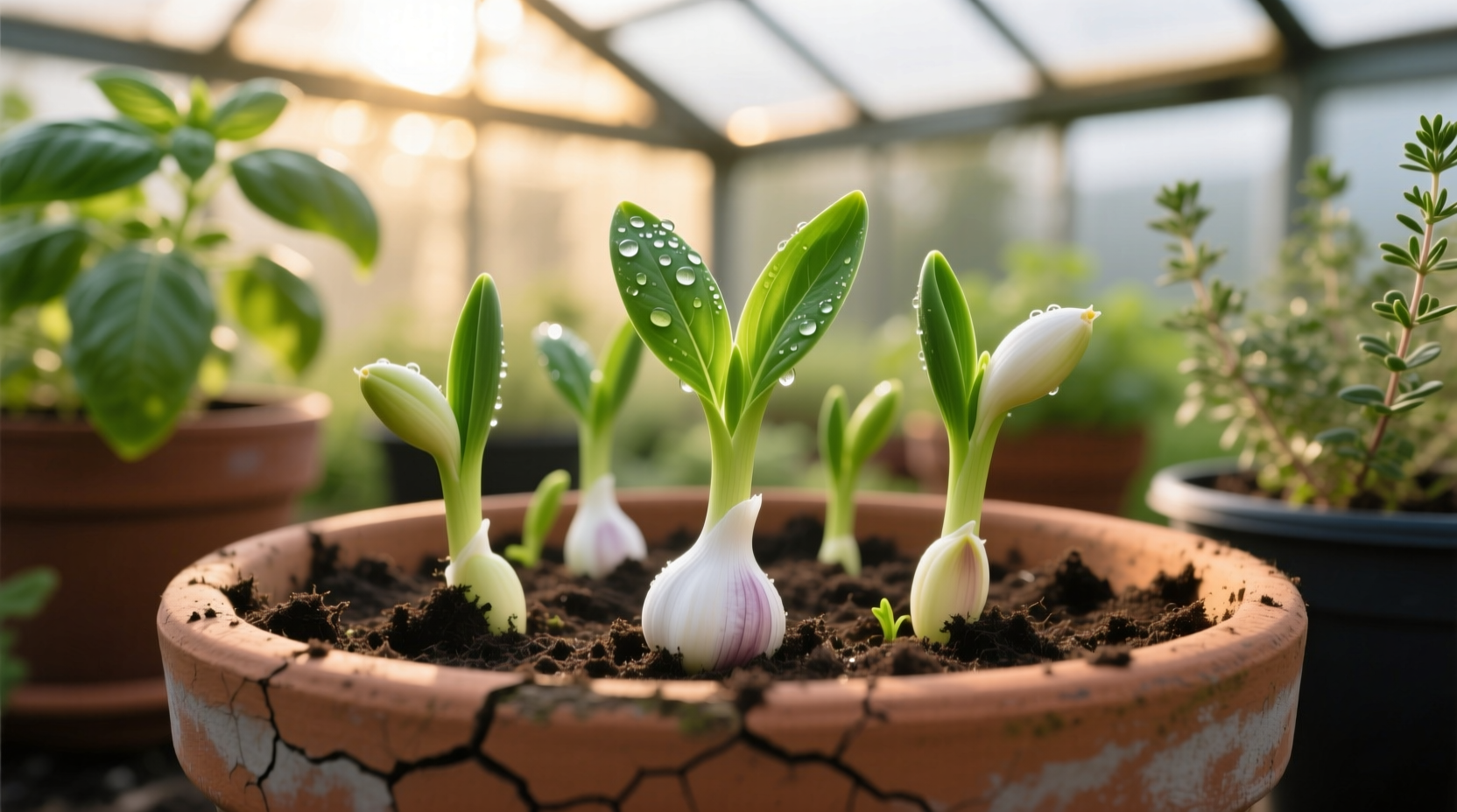Garlic sprouts emerging from container garden