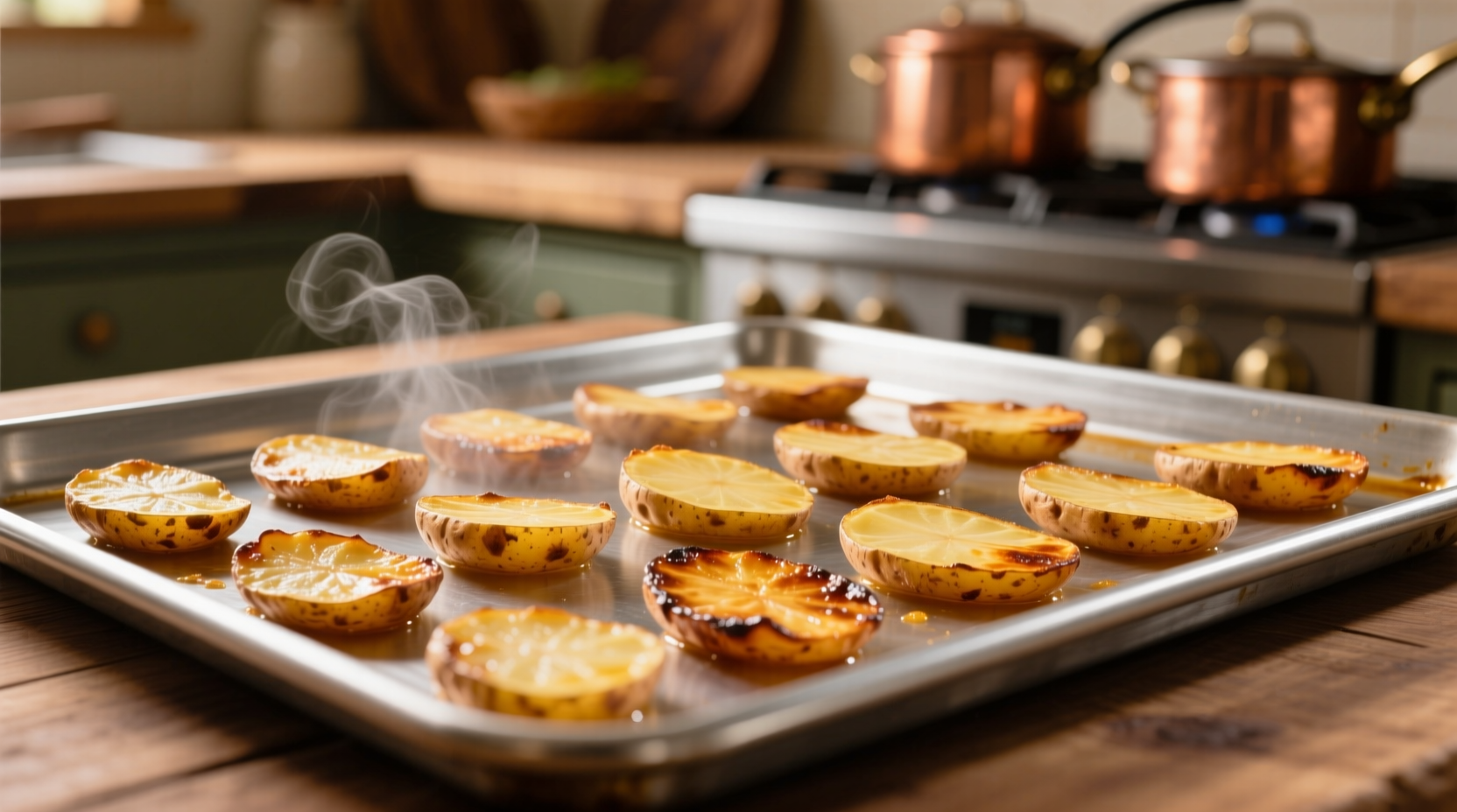 Golden brown potato slices arranged on baking sheet