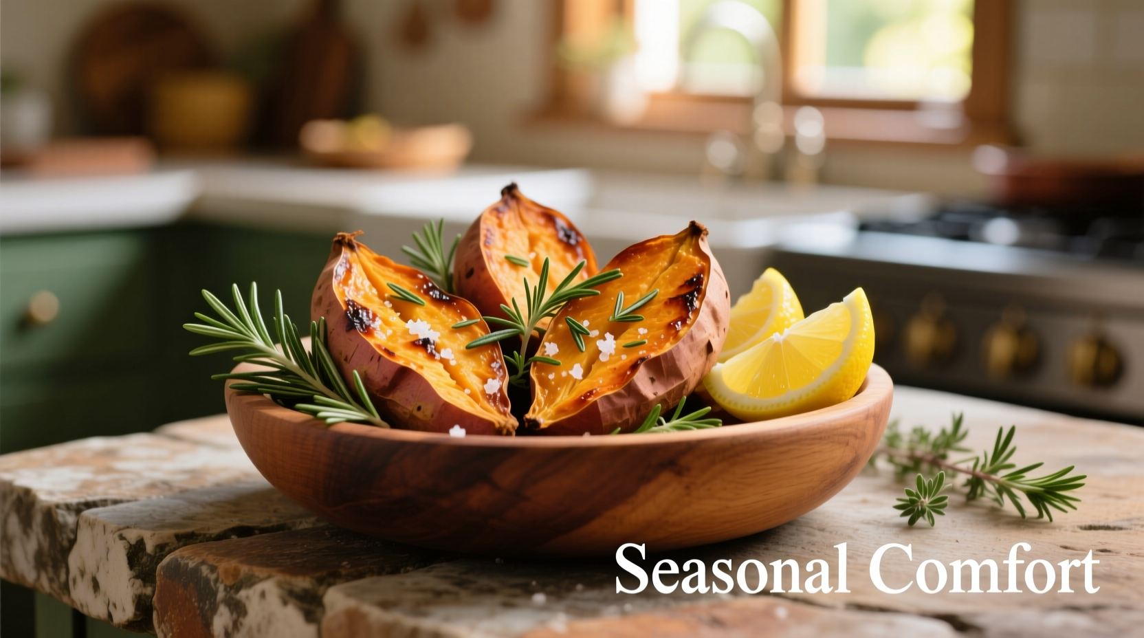 Roasted sweet potatoes with herbs and lemon wedges