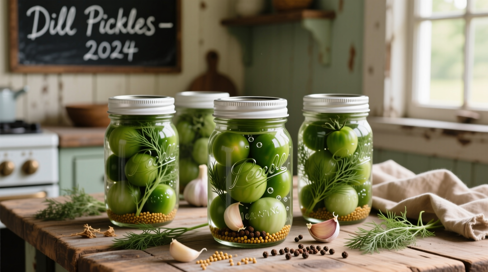 Fresh green tomato pickles in mason jars with dill and spices