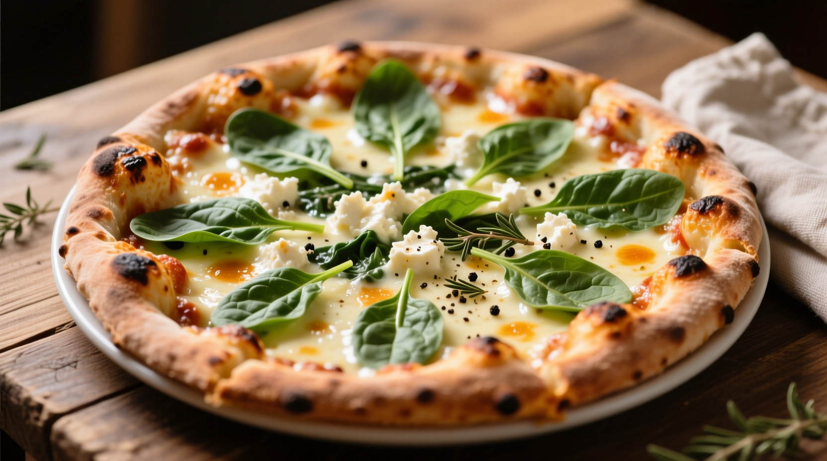 Homemade spinach feta pizza with golden crust and melted cheese