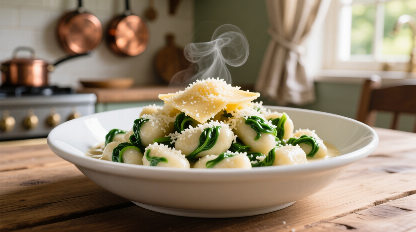 Creamy spinach gnocchi in white bowl with parmesan