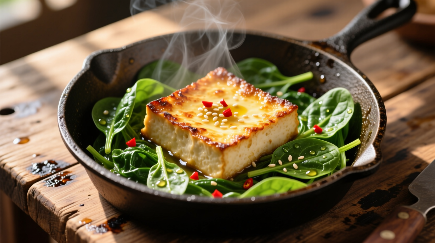 Golden brown tofu with vibrant green spinach in cast iron skillet