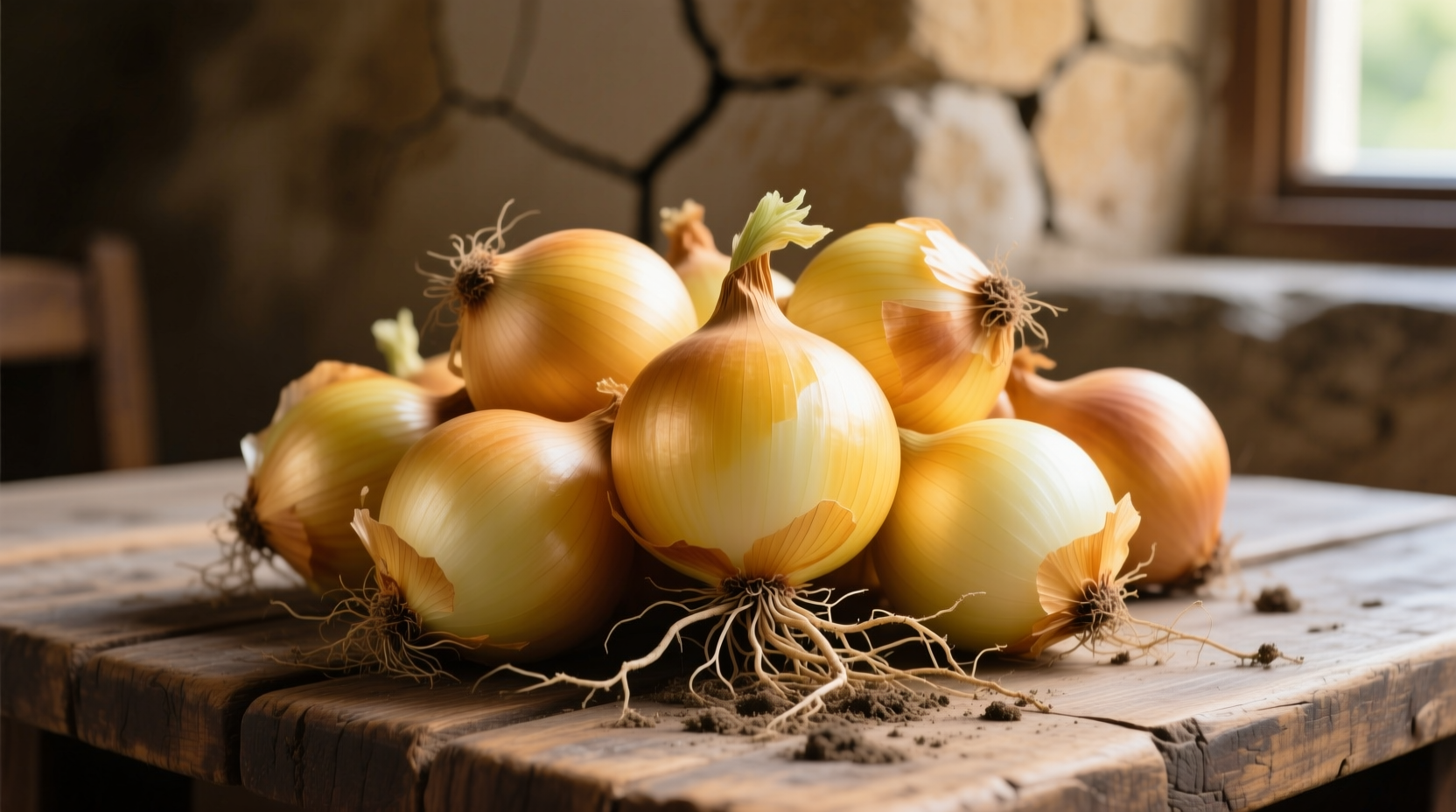 Fresh yellow onions with roots and papery skin