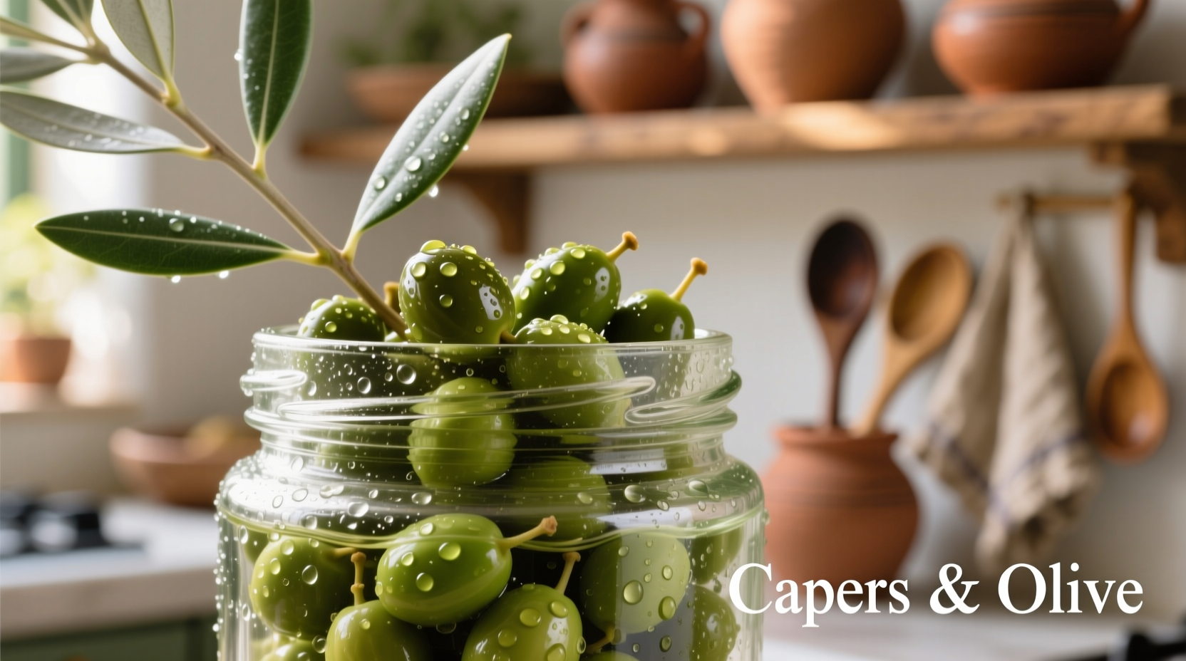 Close-up of capers in glass jar with olive branch