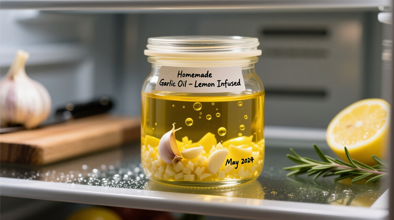 Homemade garlic oil safely stored in refrigerator with lemon juice