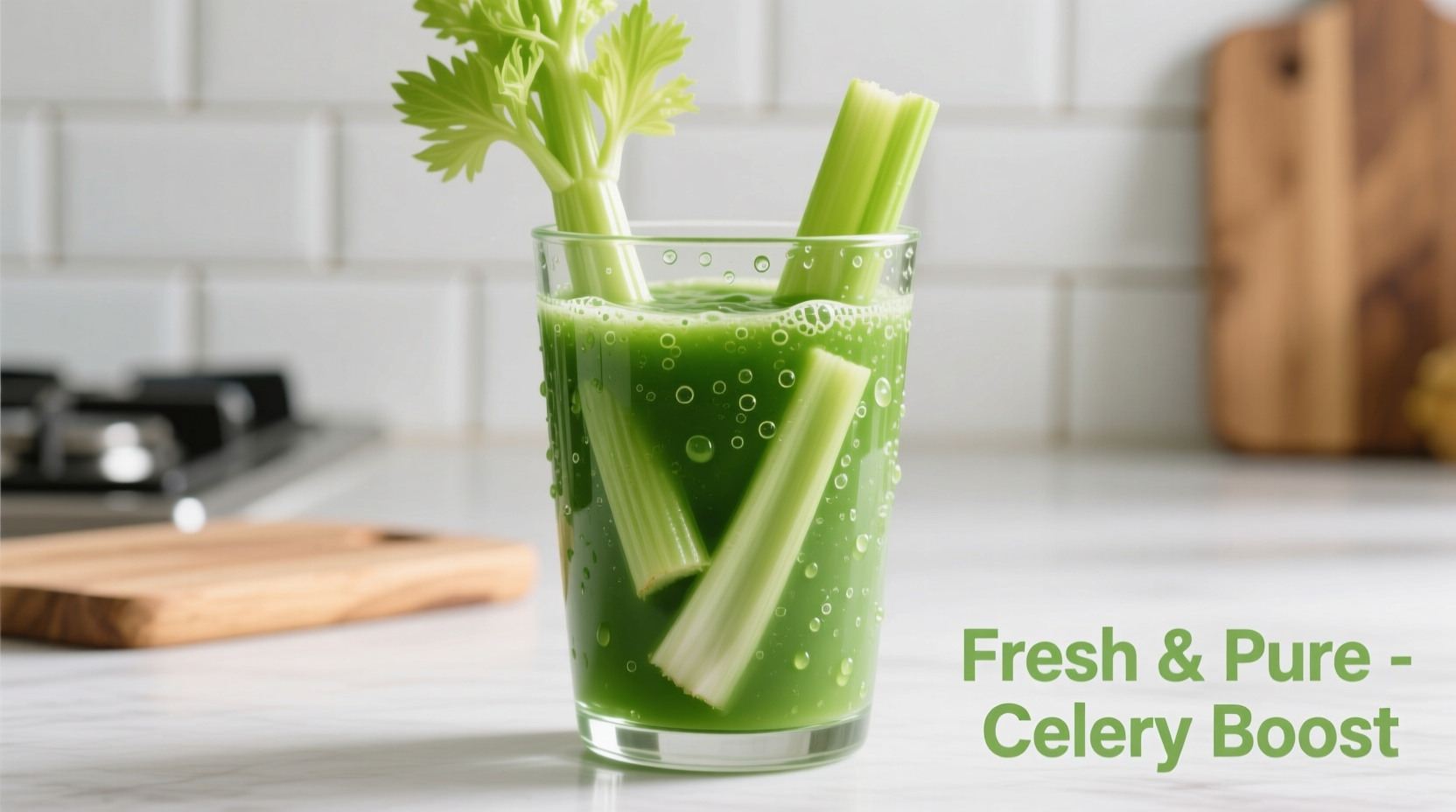 Fresh celery stalks in vibrant green smoothie