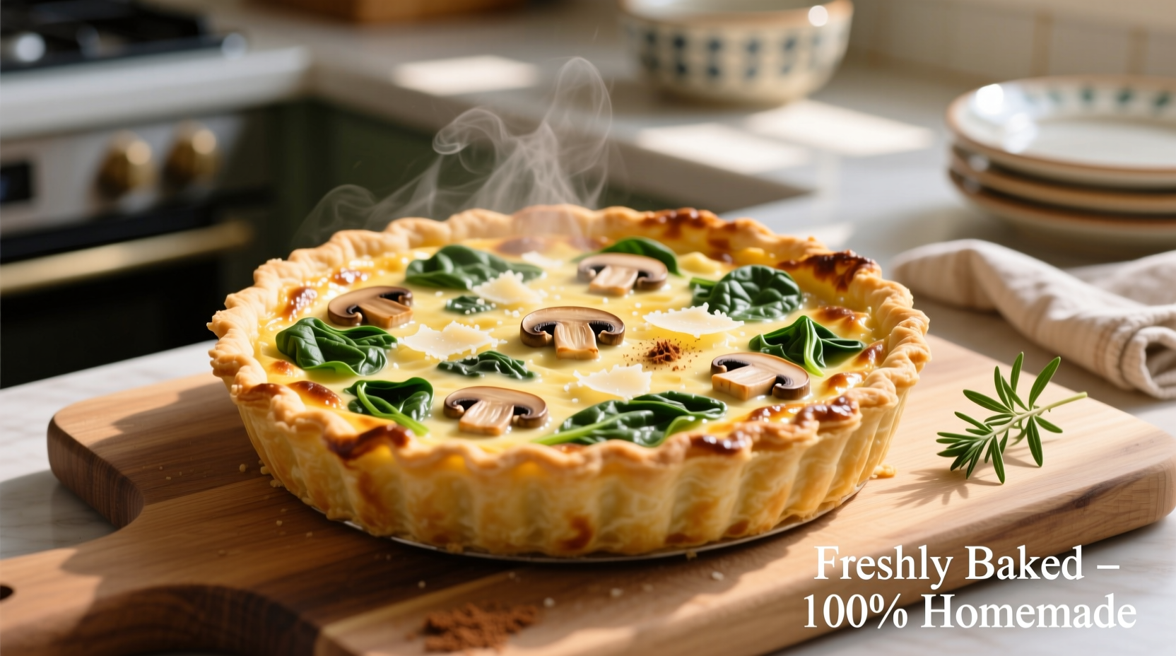 Golden spinach mushroom quiche fresh from oven