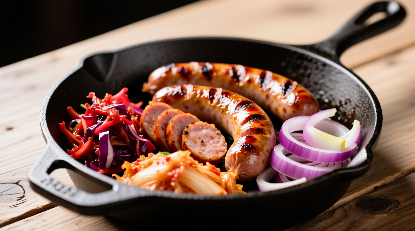 Cajun sausage sliced with kimchi and pickled onions on cast iron skillet
