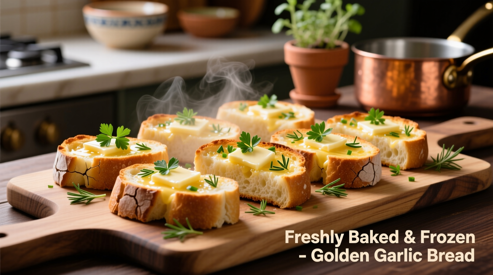 Perfectly golden frozen garlic bread with melted butter and herbs