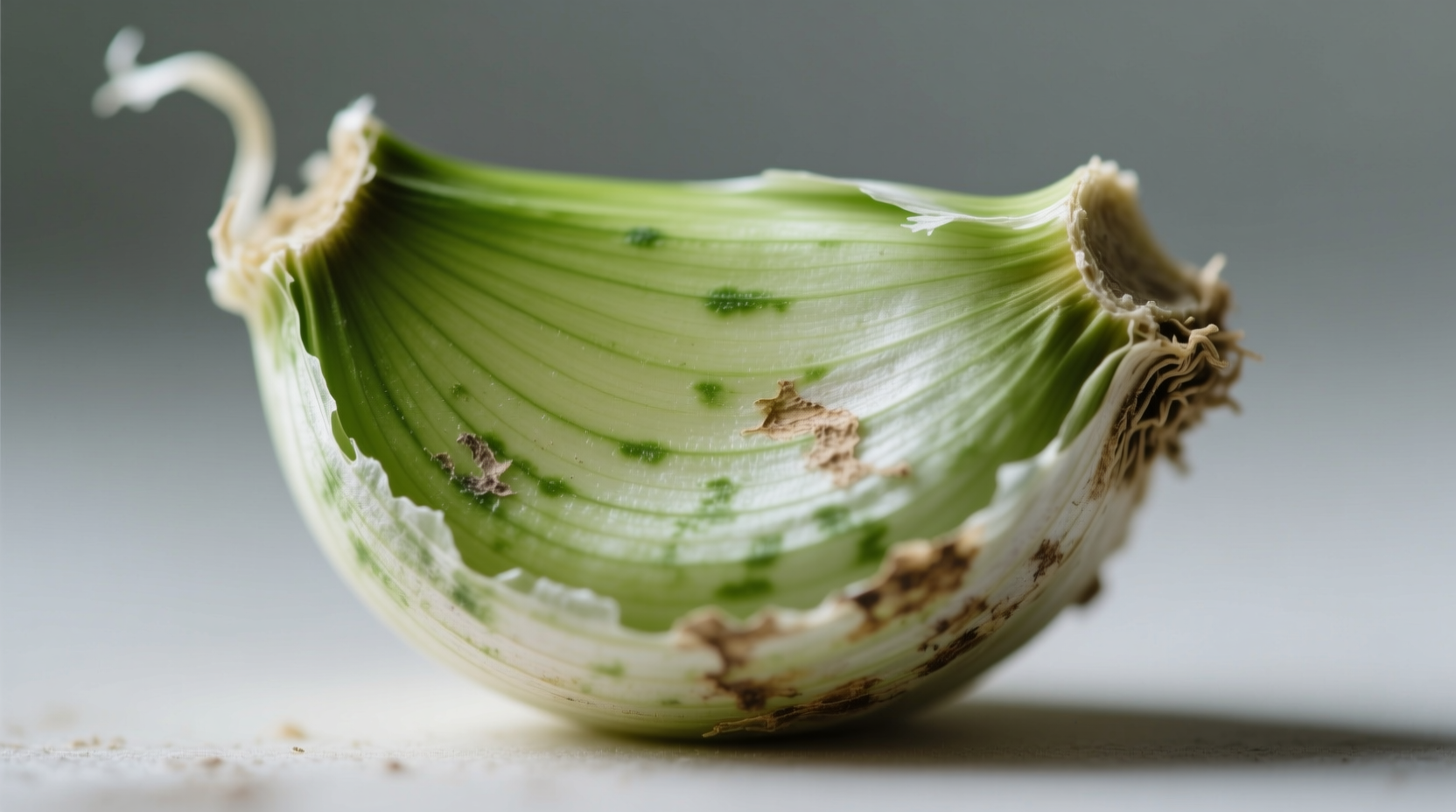 Close-up of garlic clove showing natural green discoloration