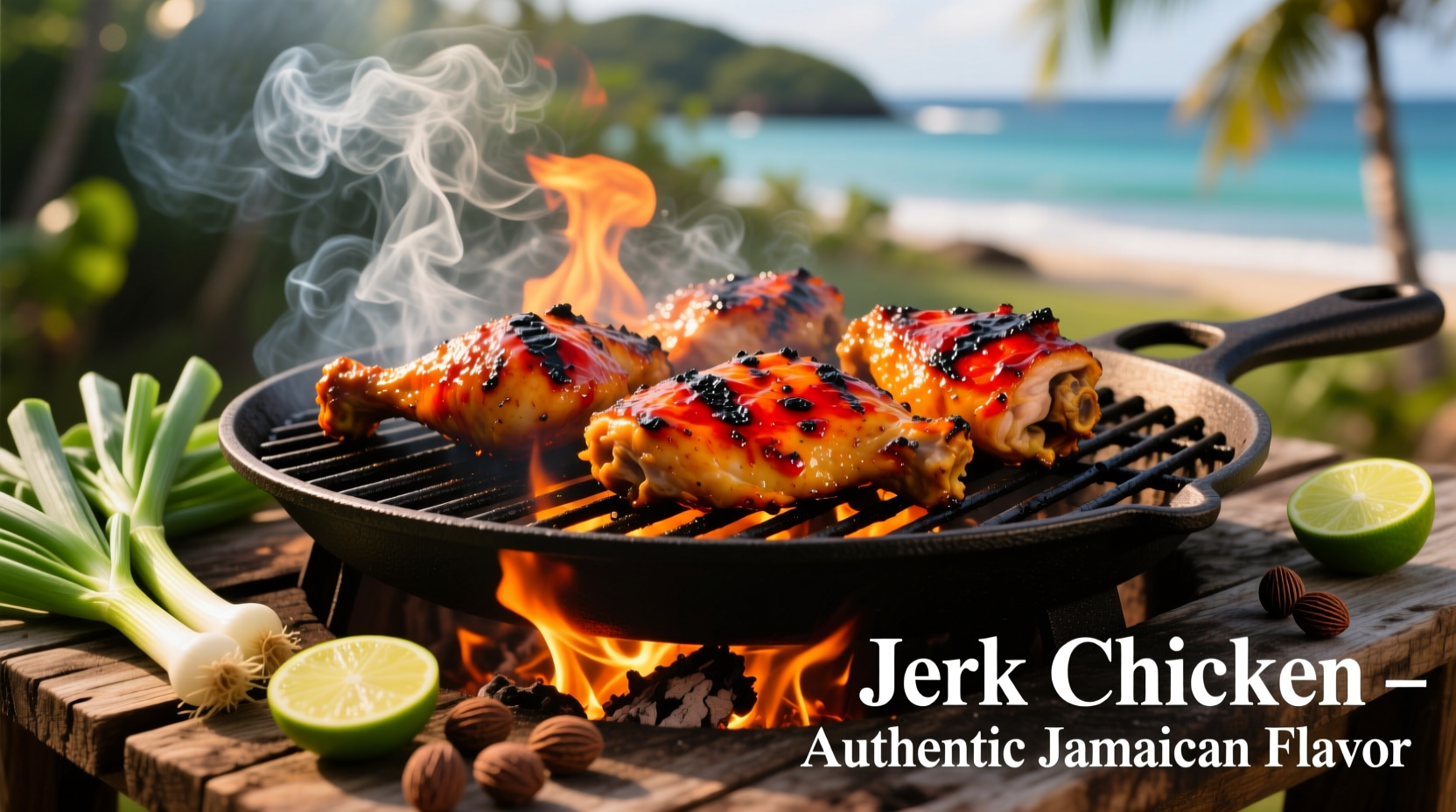 Jamaican jerk chicken sizzling on pimento wood grill