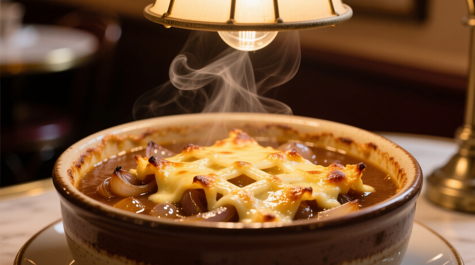 Golden brown French onion soup with melted Gruyère cheese crust