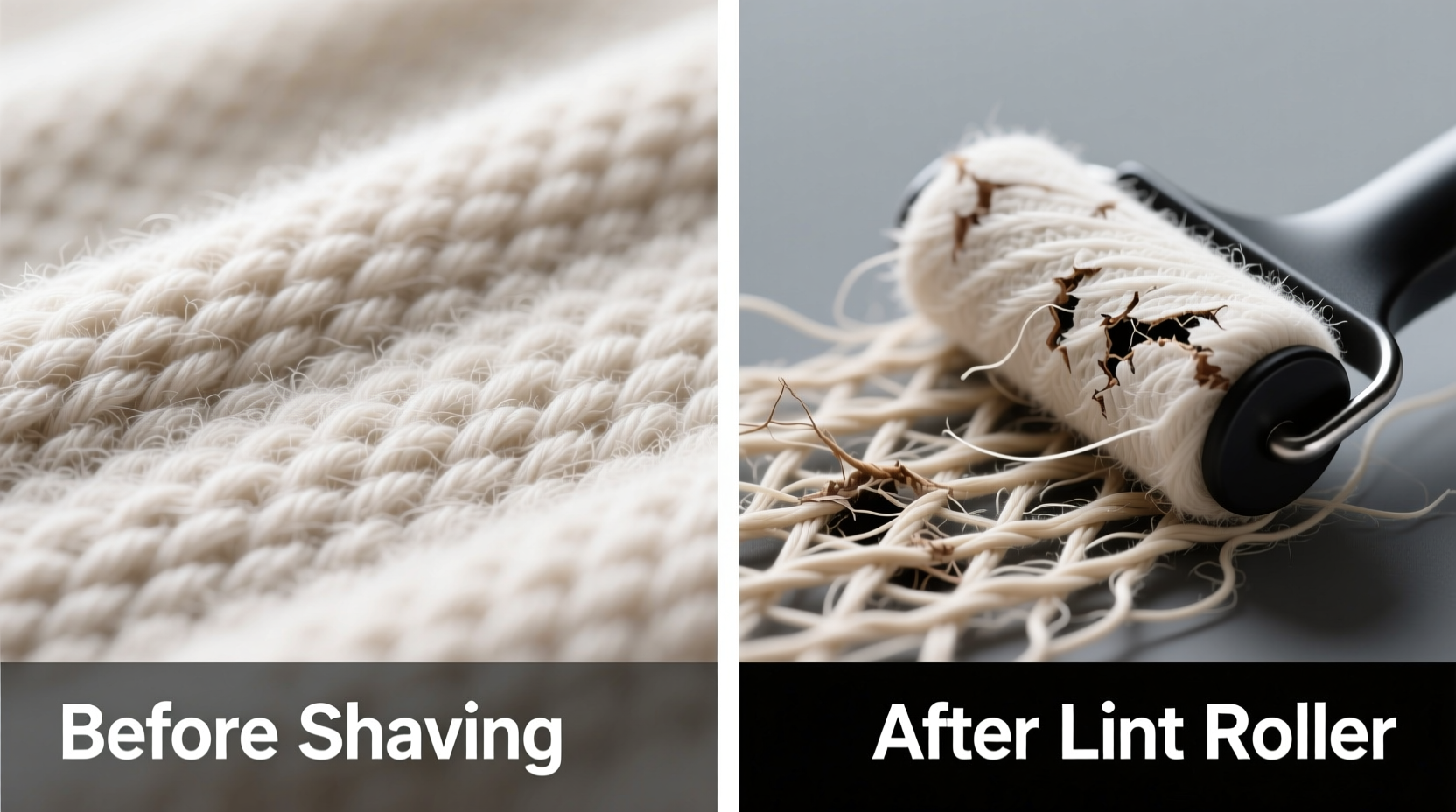 Side-by-side macro photography: left shows clean, uniform cashmere surface after proper fabric shaver use; right shows stretched, uneven nap and exposed yarn bases after lint roller application