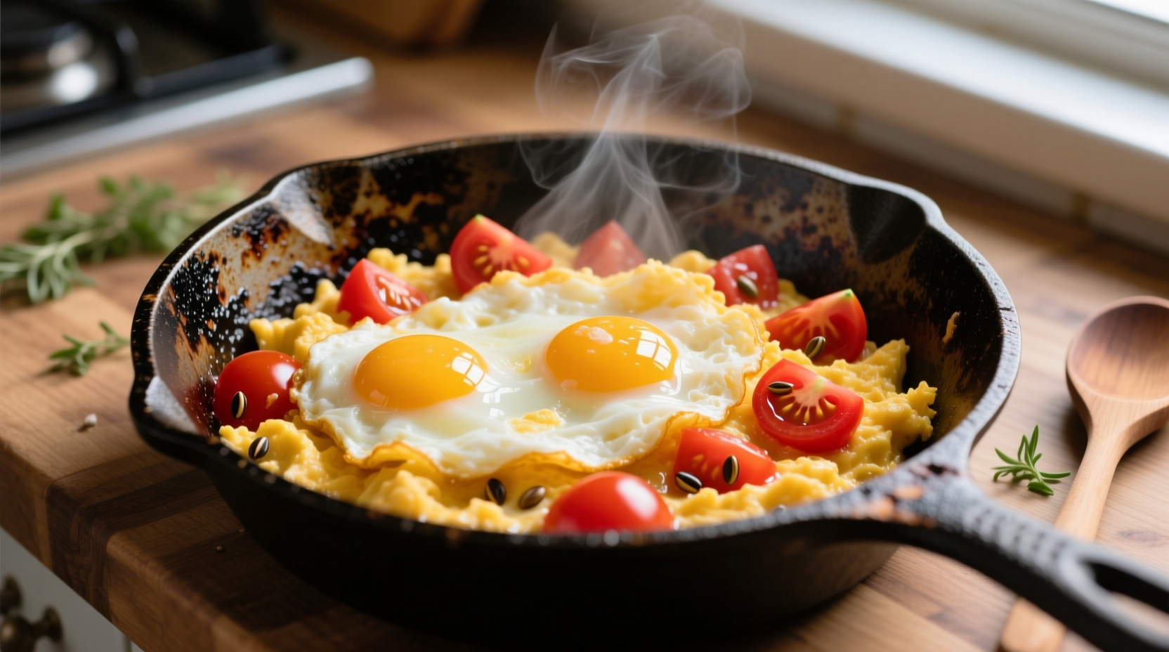 Scrambled eggs with fresh tomatoes in cast iron skillet