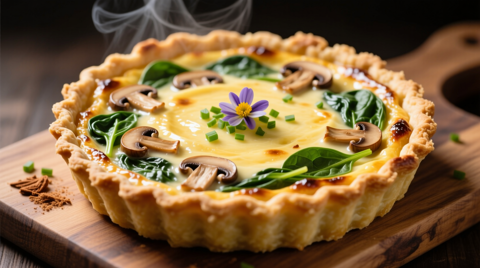 Mushroom spinach quiche in tart pan with golden crust