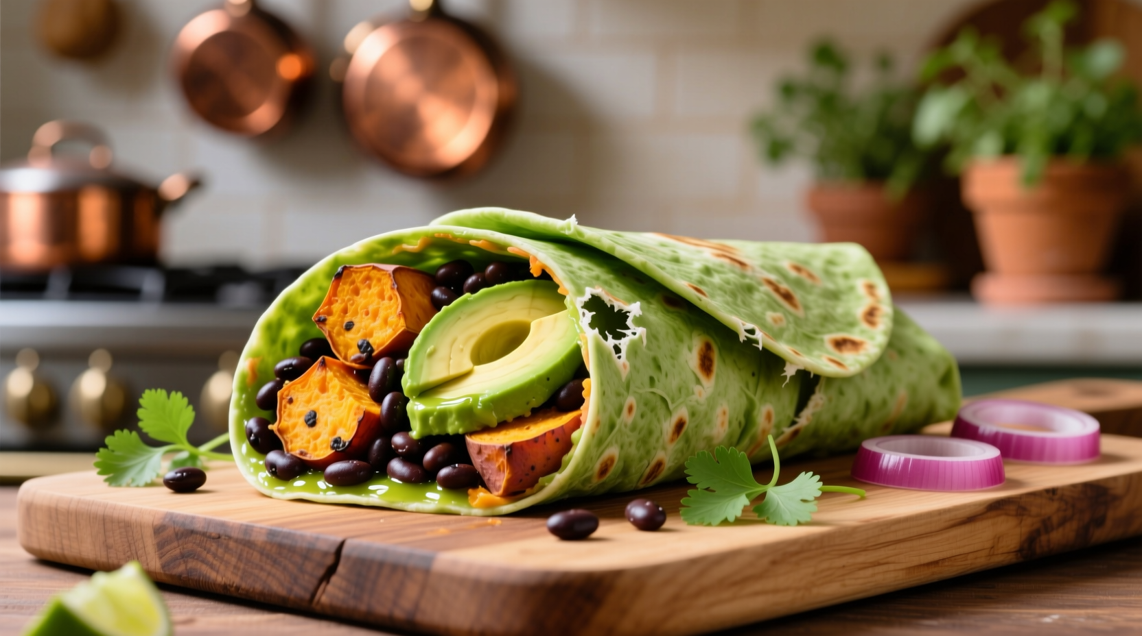 Farbenfroher Süßkartoffel-Burrito mit schwarzen Bohnen und Sofrito