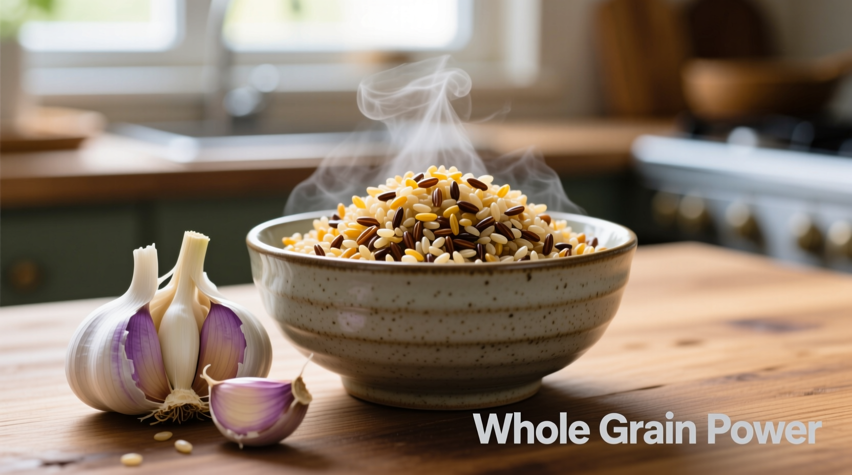 Quinoa and brown rice blend with fresh garlic cloves