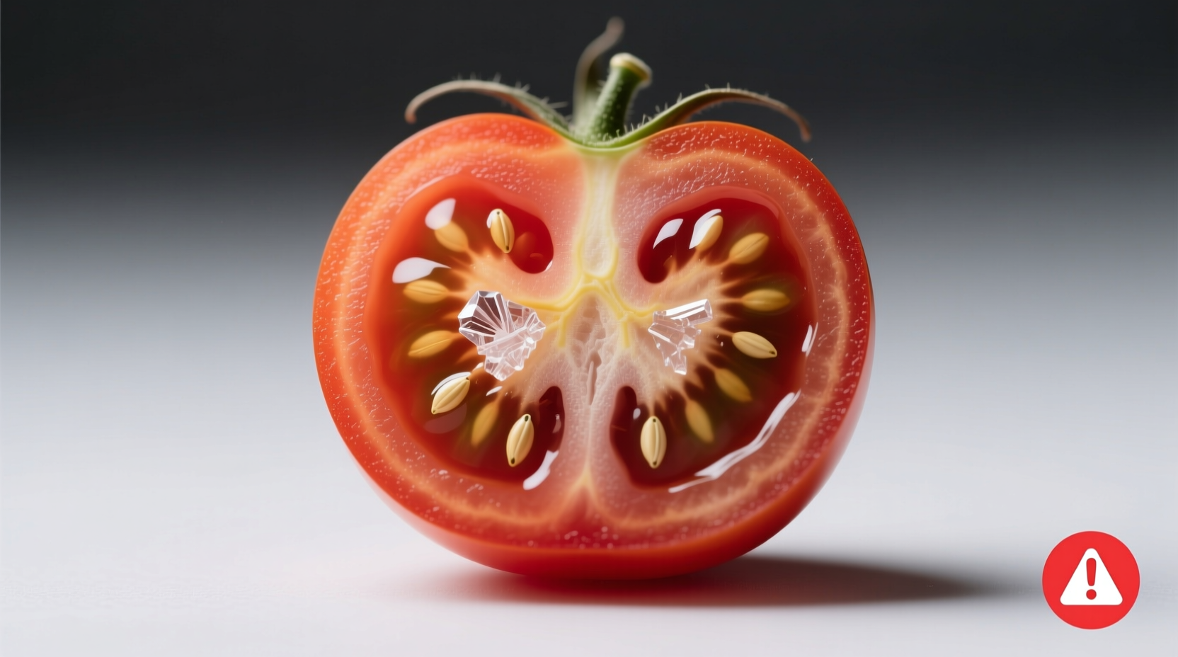 Close-up of tomato seed cross-section showing solanine crystals under magnification with warning icon
