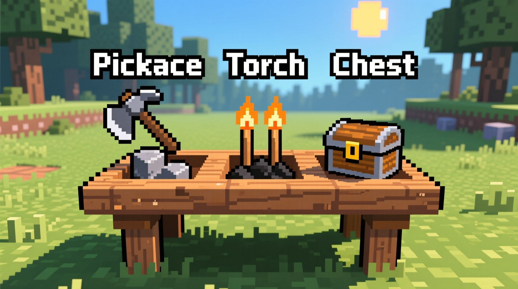 Minecraft crafting table with pickaxe, torches, and chest recipes